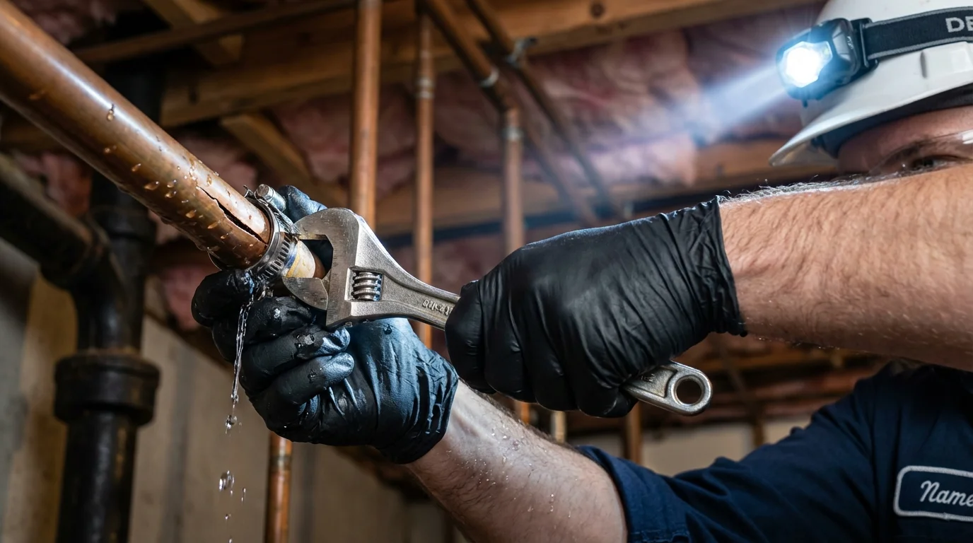 Emergency pipe clamp repair being performed by a Johns Plumbing LLC plumber in Newaygo