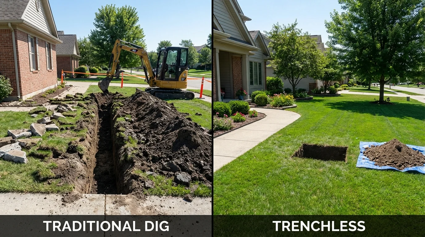 Trenchless sewer repair with minimal yard damage versus traditional excavation in Newaygo, MI