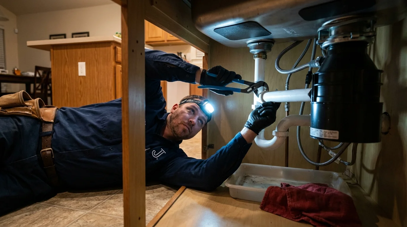 P-trap and supply line connections under a kitchen sink showing a common leak point in Newaygo, MI